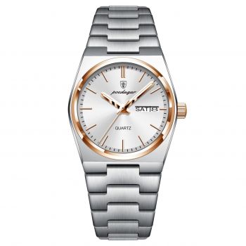 Ceas barbatesc Poedagar CS1793, otel inoxidabil, argintiu-rose gold, cadran alb