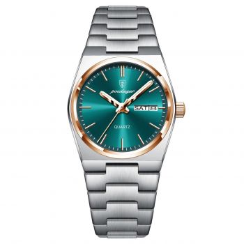 Ceas barbatesc Poedagar CS1794, otel inoxidabil, argintiu-rose gold, cadran verde