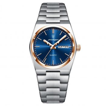 Ceas barbatesc Poedagar CS1795, otel inoxidabil, argintiu-rose gold, cadran albastru