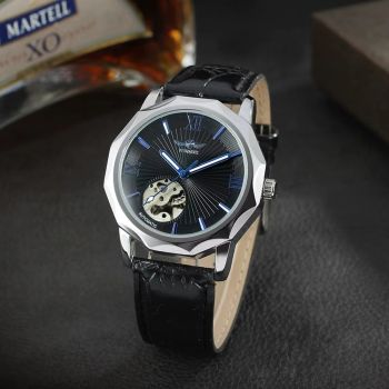 Ceas barbatesc Winner CS1727, automatic, piele naturala, negru, cadran negru