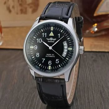 Ceas barbatesc Winner CS1730, automatic, piele naturala, negru, cadran negru