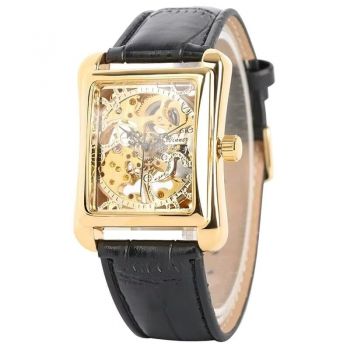 Ceas barbatesc Winner CS1743, automatic, piele naturala, negru, cadran auriu