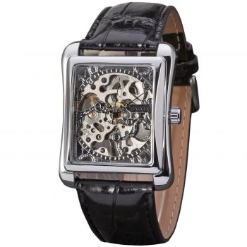Ceas barbatesc Winner CS1744, automatic, piele naturala, negru, cadran argintiu
