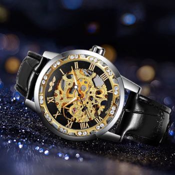 Ceas barbatesc Winner CS1745, automatic, piele naturala, negru, cadran auriu