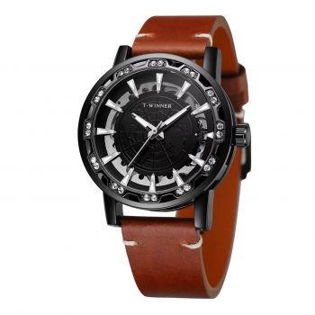 Ceas barbatesc Winner CS1747, automatic, piele naturala, maro, cadran negru