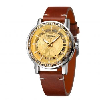 Ceas barbatesc Winner CS1748, automatic, piele naturala, maro, cadran auriu