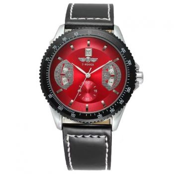 Ceas barbatesc Winner CS1753, automatic, piele naturala, negru, cadran rosu