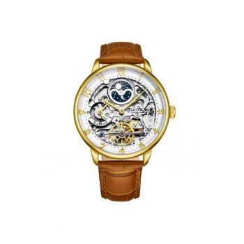 Ceas automatic cu mecanism vizibil - 40 mm - cu curea din piele in relief cu aligator - original STUHRLING - cordon - argintiu