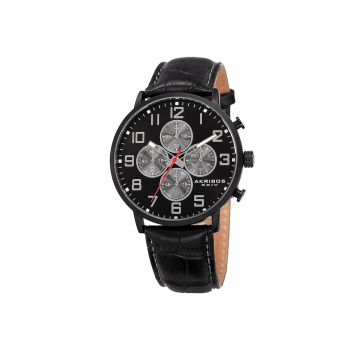 Ceas cronograf cu o curea de piele AK854 -  AK869 - negru