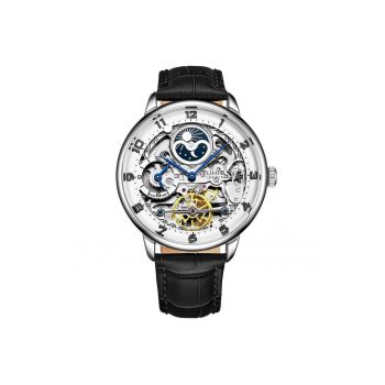 Ceas Dual Time cu cadran skeleton - automatic - 40 mm - cu curea din piele in relief cu aligator - original STUHRLING - elegant - argintiu