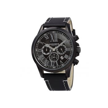 Ceas Dual Time cu o curea de piele AK897 -  AK908 - negru