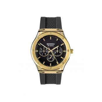 Ceas barbati  30233 - quartz - carcasa metalica aurie - curea silicon gri - rezistent la apa 50m