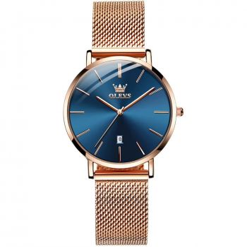 Ceas de dama Olevs CS1923, otel inoxidabil, rose gold, cadran albastru