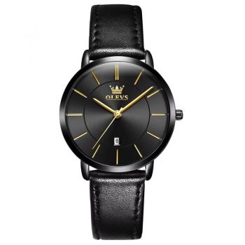 Ceas de dama Olevs CS1925, piele naturala, negru, cadran negru