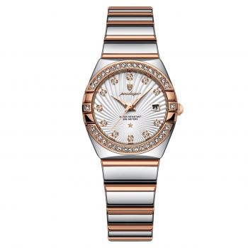 Ceas de dama Poedagar CS1866, otel inoxidabil, argintiu-rose gold, cadran alb