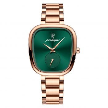 Ceas de dama Poedagar CS1897, otel inoxidabil, rose gold, cadran verde