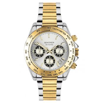 Ceas barbatesc  Circuit - quartz - argintiu si auriu - 40mm - bratara din otel inoxidabil - rezistent la apa 50m