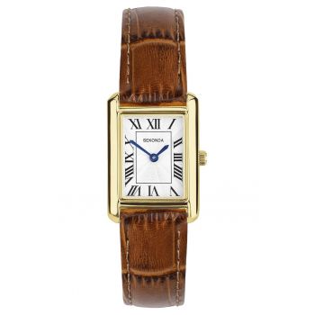 Ceas dama  Colette - quartz - carcasa metalica aurie - curea din piele maro - 22mm - rezistent la apa 30m - cadran alb