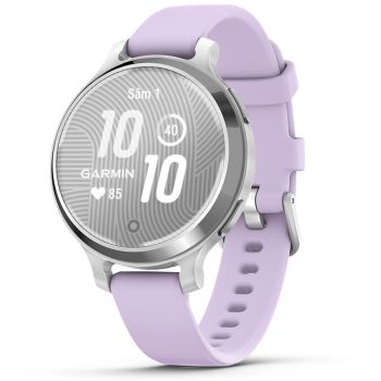 GARMIN Ceas Garmin Lily 2 Active, display AMOLED, memorie 8GB, autonomie pana la 9 zile, rezistant la apa, amă Argintiu, şi curea Purple Jasmine din silicon