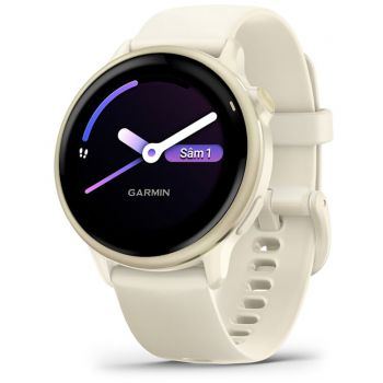 GARMIN Ceas Garmin vívoactive 6 display AMOLED, memorie 8GB, autonomie până la 11 zile, rezistant la apa, ramă Lunar Gold cu curea Bone, carcasă Light Sand şi curea din silicon
