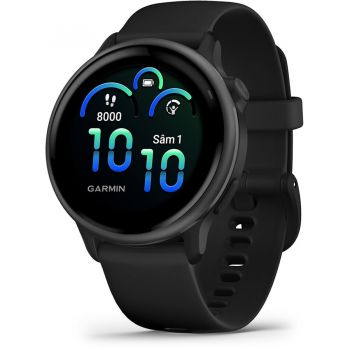 GARMIN Ceas Garmin vívoactive 6 display AMOLED, memorie 8GB, autonomie până la 11 zile, rezistant la apa, ramă neagra cu curea Bone, carcasă Slate şi curea din silicon
