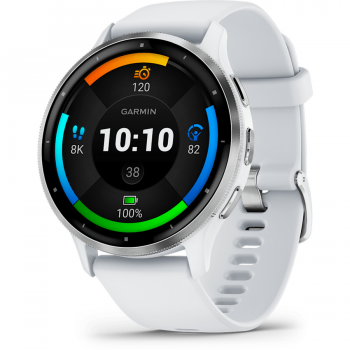 GARMIN Ceas smartwatch Garmin Venu 3, display AMOLED, memorie 8GB, autonomie pana la 10 zile, rezistant la apa, Ramă argintie din oţel inoxidabil, carcasă whitestone, brăţară din silicon