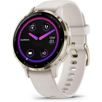 GARMIN Ceas smartwatch Garmin Venu 3S, display AMOLED, memorie 8GB, autonomie pana la 10 zile, rezistant la apa, ramă din oţel inoxidabil Soft Gold cu carcasă Ivory, curea din silicon