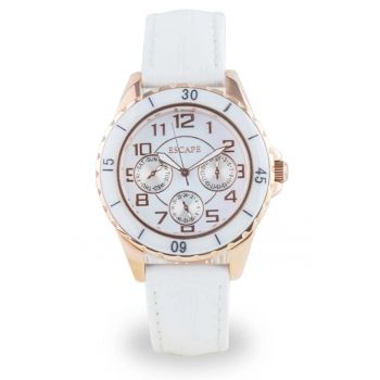 Ceas dama  36 mm - curea piele ecologica alba - rezistenta la apa 5 ATM