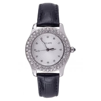 Ceas dama  ECP10047 - curea piele ecologica - otel - 34mm - rezistenta la apa 5 ATM - argintiu