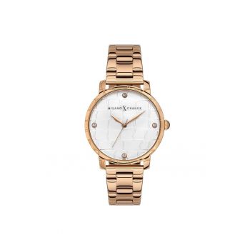 Ceas dama  MEX1182 38mm - culoare aurie - curea textila roz - mecanism quartz - rezistent la apa 3 ATM