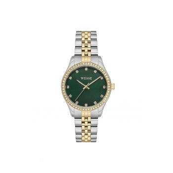 Ceas dama  34 mm - otel - rezistent la apa 5 ATM - argintiu/auriu - cadran verde