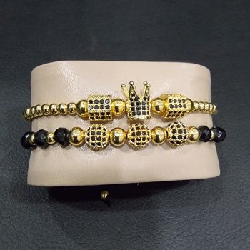 Set 2 bratari Iconic din otel inoxidabil, onix si zirconiu, Unisex, gold