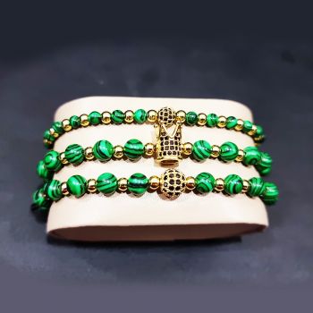 Set 3 bratari Mesmera din otel inoxidabil, zirconiu si malachit, Unisex, gold