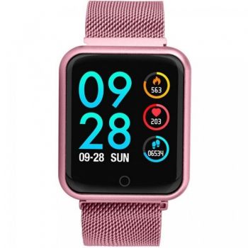 Resigilat Ceas Smartwatch Techstar® P68, 1.3 inch IPS, Monitorizare Puls, Tensiune, Sedentarism, Bluetooth 4.0, IP65, Curea Otel Inoxidabil, Roz