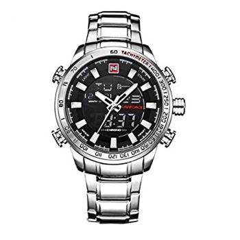 Ceas de mana barbatesc, Naviforce, Dual Time, Digital, Casual, Cronograf, Alarma, Curea din otel inoxidabil, Mecanism Quartz