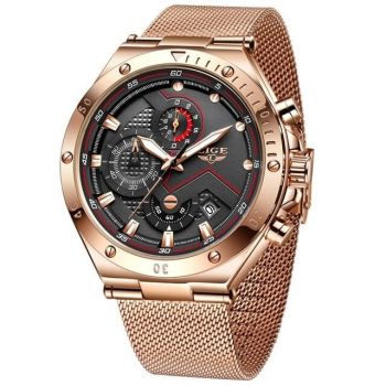 Ceas barbatesc Lige Elegant Auriu Cronograf Quartz