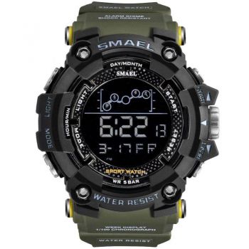 Ceas barbatesc Smael, Shock Resistant, Sport, Militar, Digital, Dual Time, Cronograf Verde