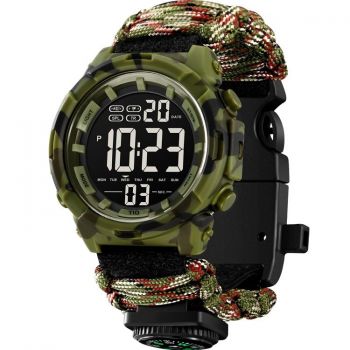 Ceas barbati de mana, Tio, Supravietuire, Cremene foc, Busola, Paracord, Fluier, Lama, Digital, Cronograf, Army, Militar, Sport Camuflaj Verde