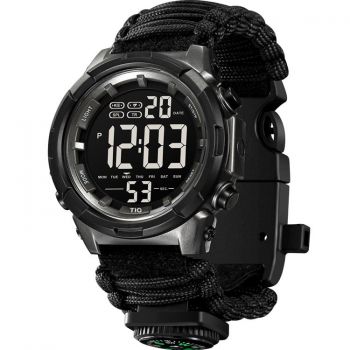 Ceas barbati de mana, Tio, Supravietuire, Cremene foc, Busola, Paracord, Fluier, Lama, Digital, Cronograf, Army, Militar, Sport Negru