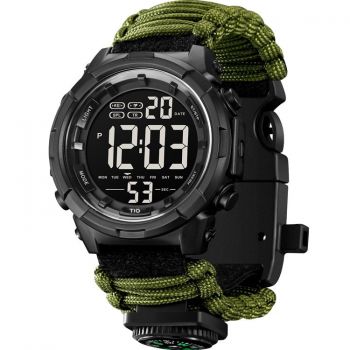 Ceas barbati de mana, Tio, Supravietuire, Cremene foc, Busola, Paracord, Fluier, Lama, Digital, Cronograf, Army, Militar, Sport Verde