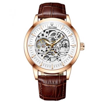 Ceas barbati Tevise Automatic Analog Elegant Maro Auriu Piele
