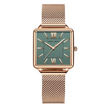 Ceas dama Hannah Martin Cadran patrat Quartz Analog Elegant Auriu verde smarald