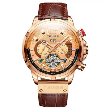 Ceas de mana barbatesc Tevise Self Wind Fashion Luxury Mecanic automatic Piele Auriu
