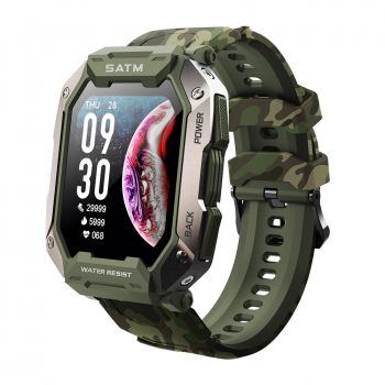 Smartwatch Tio Fitness Tracker Stil Militar Rezistenta la apa IP68 Inot Bataile inimii Monitorizeaza Oxigen din sange 24 Sporturi Camuflaj Verde