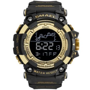 Ceas barbatesc Smael, Dual Time, Shock Resistant, Sport, Militar, Digital, Cronograf, Negru Auriu