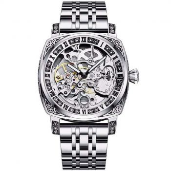 Ceas barbatesc TIO Skeleton Mecanic Automatic, Argintiu, Curea Otel inoxidabil, Casual, 42mm, Rezistent la apa