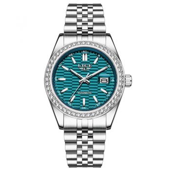 Ceas Barbati Lige 6813 Argintiu-Cyan ,   Ceas Mecanic, Design Business, Functii Multiple, Afisaj Luminos, Rezistent la Apa 3ATM