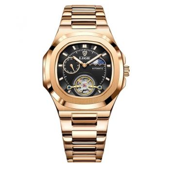 Ceas Barbati Lige 6821 Rose Gold-Negru ,   Mecanic, Design Business, Functii Multiple, Rezistent la socuri, Rezistent la Apa 3ATM