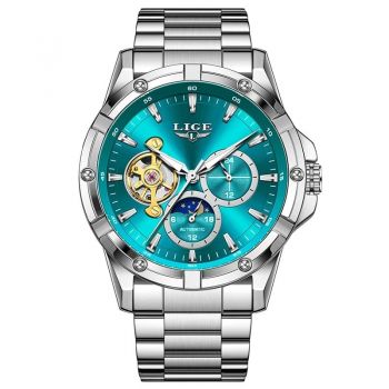 Ceas Barbati Lige 6825 Argintiu-Cyan ,   Ceas Mecanic, Design Business, Functii Multiple, Afisaj Luminos, Rezistent la Apa 3ATM