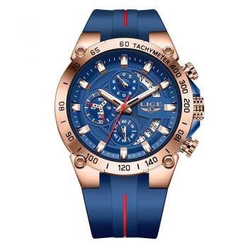 Ceas Barbati Lige 89202 Rose Gold-Albastru ,   Design Fashion, Functii Multiple, Afisaj Luminos, Rezistent la Apa 3ATM